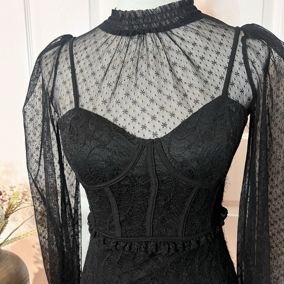 Windsor Womens Black Sheer High Neck Corset Bodycon Dress Sz XS Witchy Victorian - Picture 4 of 11